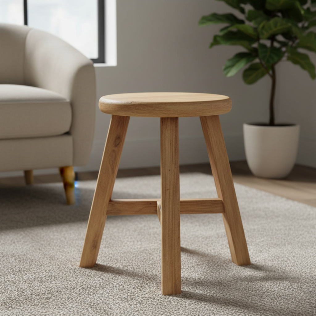 Capture the Parq Side Table Natural Round Medium in a sophisticated indoor setting, using softbox lighting to gently highlight the warm, rich tones of the natural teak wood. The camera is positioned at a 45-degree angle with a 50mm lens, focusing sharply o
