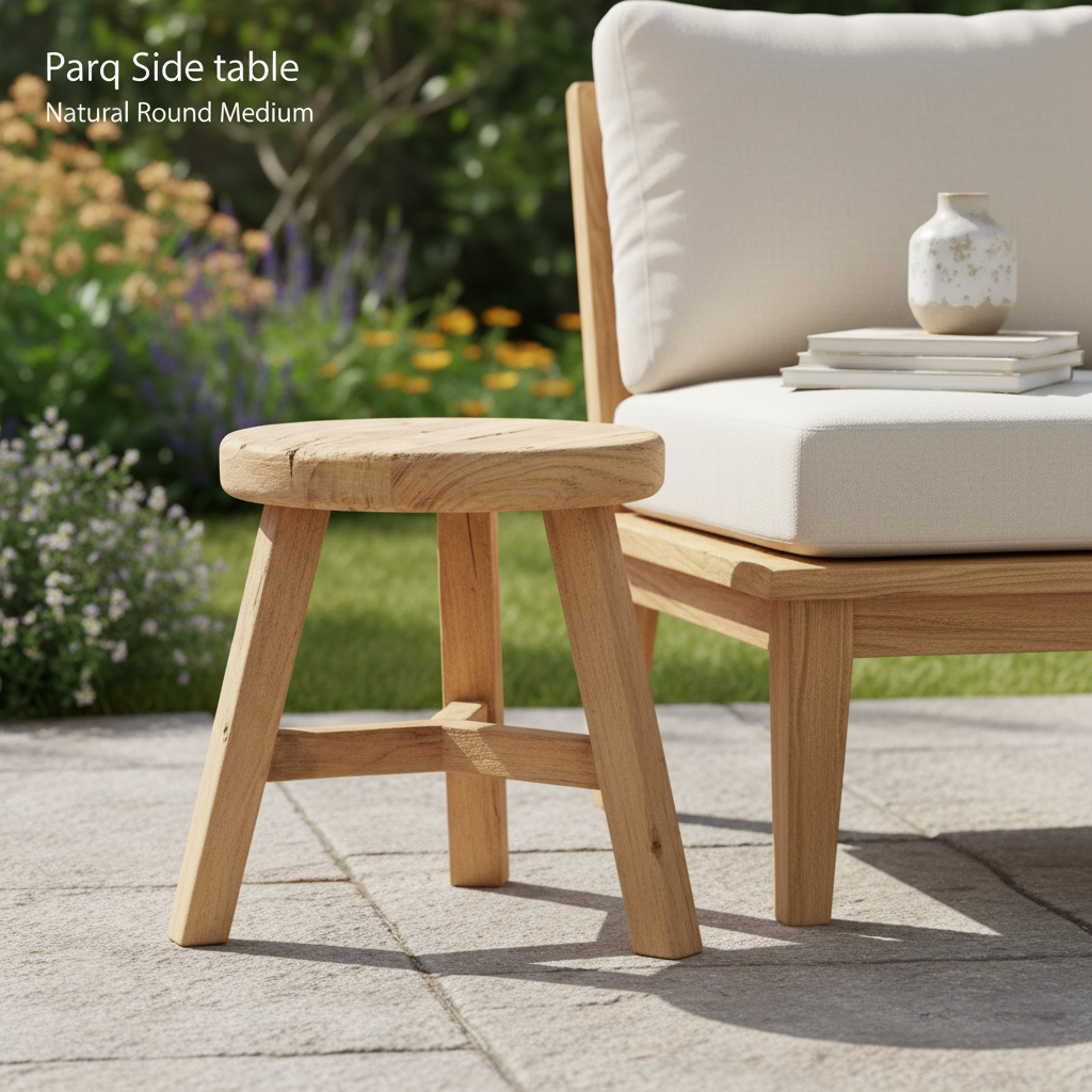 Capture the Parq Side Table Natural Round Medium in a sophisticated indoor setting, using softbox lighting to gently highlight the warm, rich tones of the natural teak wood. The camera is positioned at a 45-degree angle with a 50mm lens, focusing sharply o