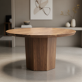 Capture a high-end studio shot of the American Black Walnut dining table using a 50mm prime lens with a shallow depth of field, focusing intensely on the textured, rich grain of the black walnut wood. The scene is lit with softbox lighting to emphasize the