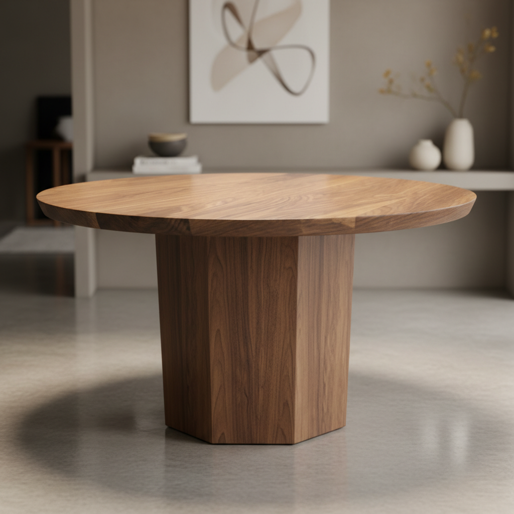 Capture a high-end studio shot of the American Black Walnut dining table using a 50mm prime lens with a shallow depth of field, focusing intensely on the textured, rich grain of the black walnut wood. The scene is lit with softbox lighting to emphasize the