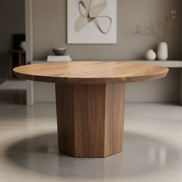Capture a high-end studio shot of the American Black Walnut dining table using a 50mm prime lens with a shallow depth of field, focusing intensely on the textured, rich grain of the black walnut wood. The scene is lit with softbox lighting to emphasize the