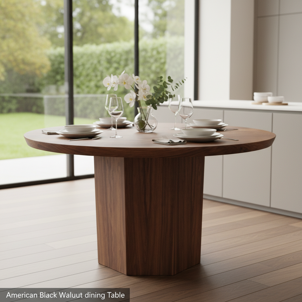 Capture a high-end studio shot of the American Black Walnut dining table using a 50mm prime lens with a shallow depth of field, focusing intensely on the textured, rich grain of the black walnut wood. The scene is lit with softbox lighting to emphasize the