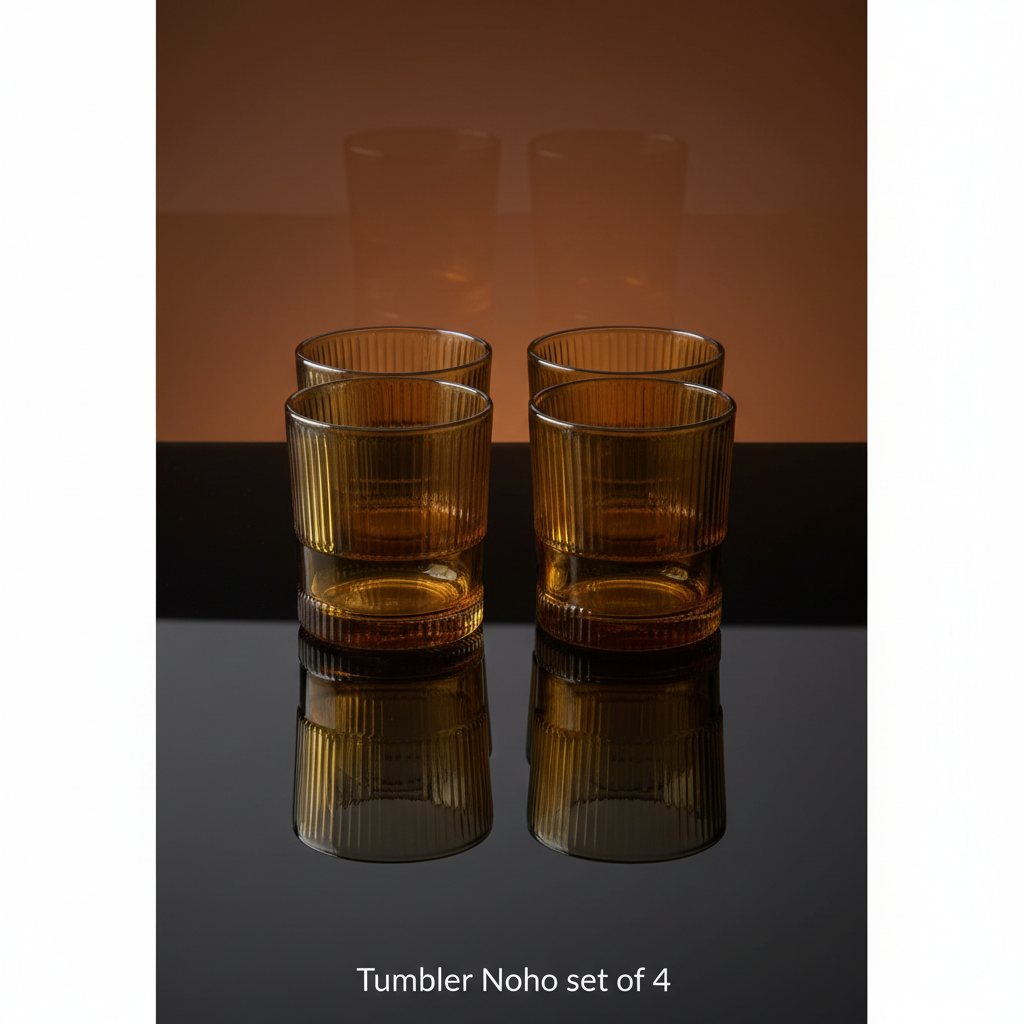 Create a high-resolution, studio-style image featuring the 'Tumbler Noho set of 4' arranged symmetrically on a sleek, reflective black glass surface. Use softbox lighting to craft a soft, ambient glow that highlights the rich amber hue and transparent clar