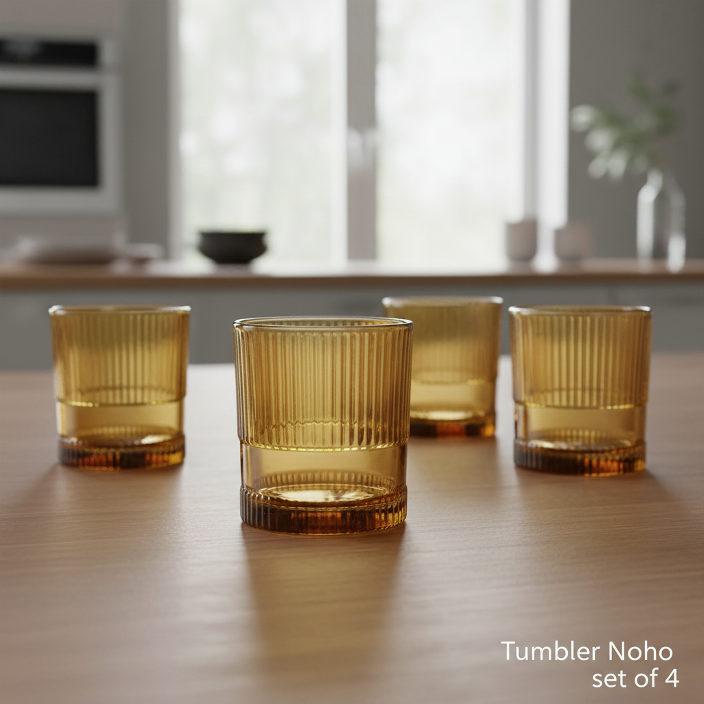 Design a lifestyle scene shot with a shallow depth of field featuring the 'Tumbler Noho set of 4' set against a softly blurred, warm-toned wooden table in a cozy, modern dining environment. Illuminate the scene with HDR studio lights to evenly highlight th
