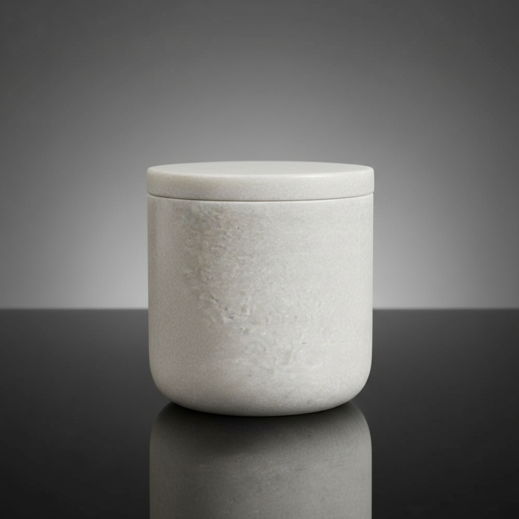 Create a highly detailed, studio-shot image of a 'Marble Cotton Jar' placed on a sleek, reflective black glass surface. Use softbox lighting to evenly illuminate the white marble's natural textures, highlighting the subtle veins and imperfections that emph
