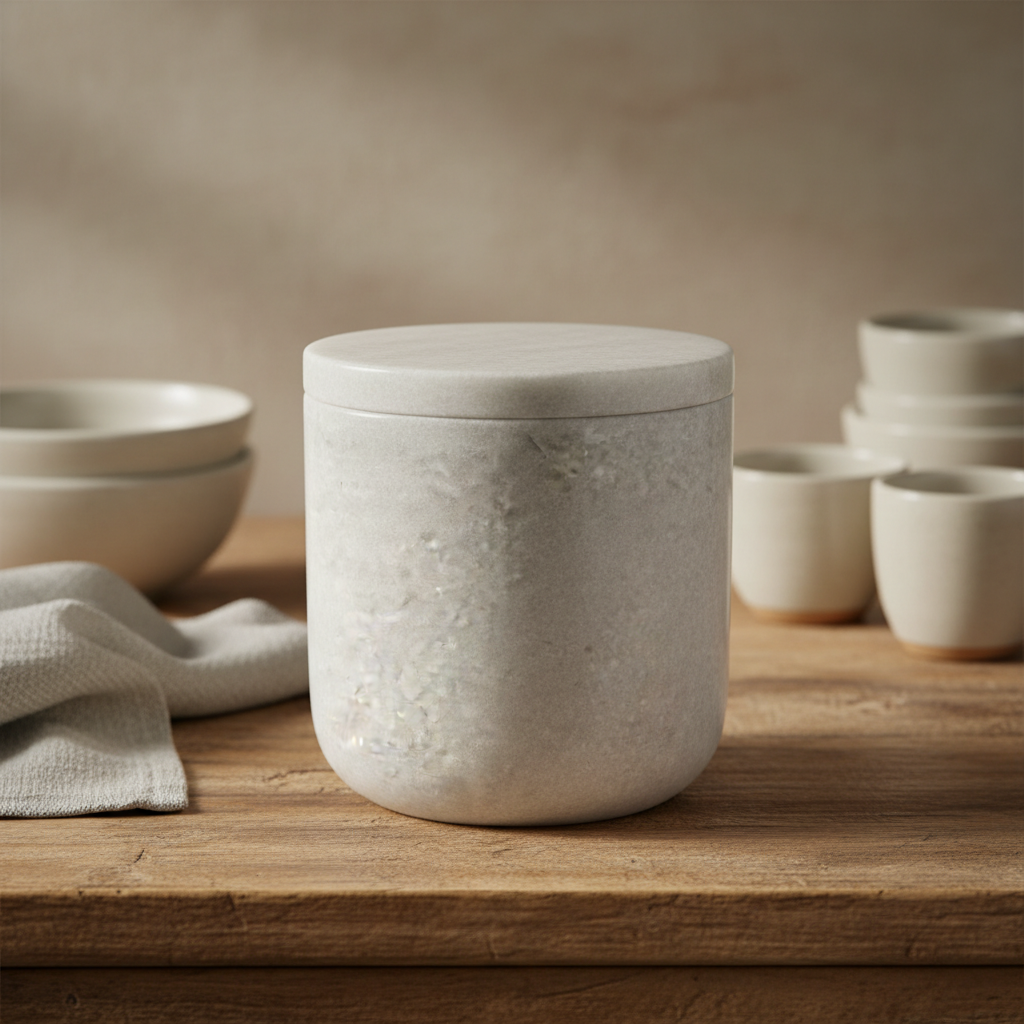 Create a highly detailed, studio-shot image of a 'Marble Cotton Jar' placed on a sleek, reflective black glass surface. Use softbox lighting to evenly illuminate the white marble's natural textures, highlighting the subtle veins and imperfections that emph