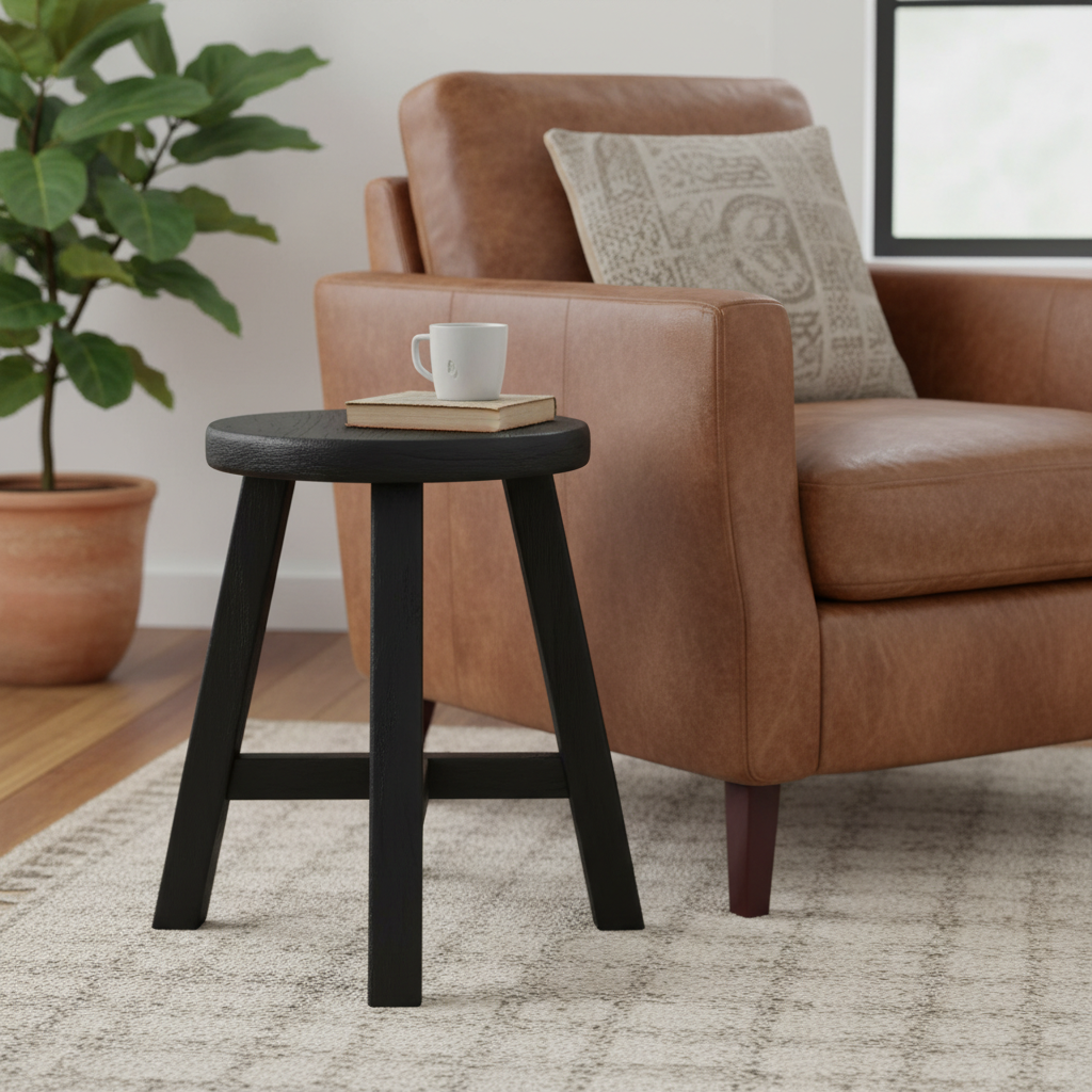 Visualize a lifestyle setting featuring the 'Parq Side table in Black' placed beside a modern leather armchair in a bright, airy living room with eastern-inspired decor. Use HDR studio lighting with diffused daylight simulation to bring out the deep black 