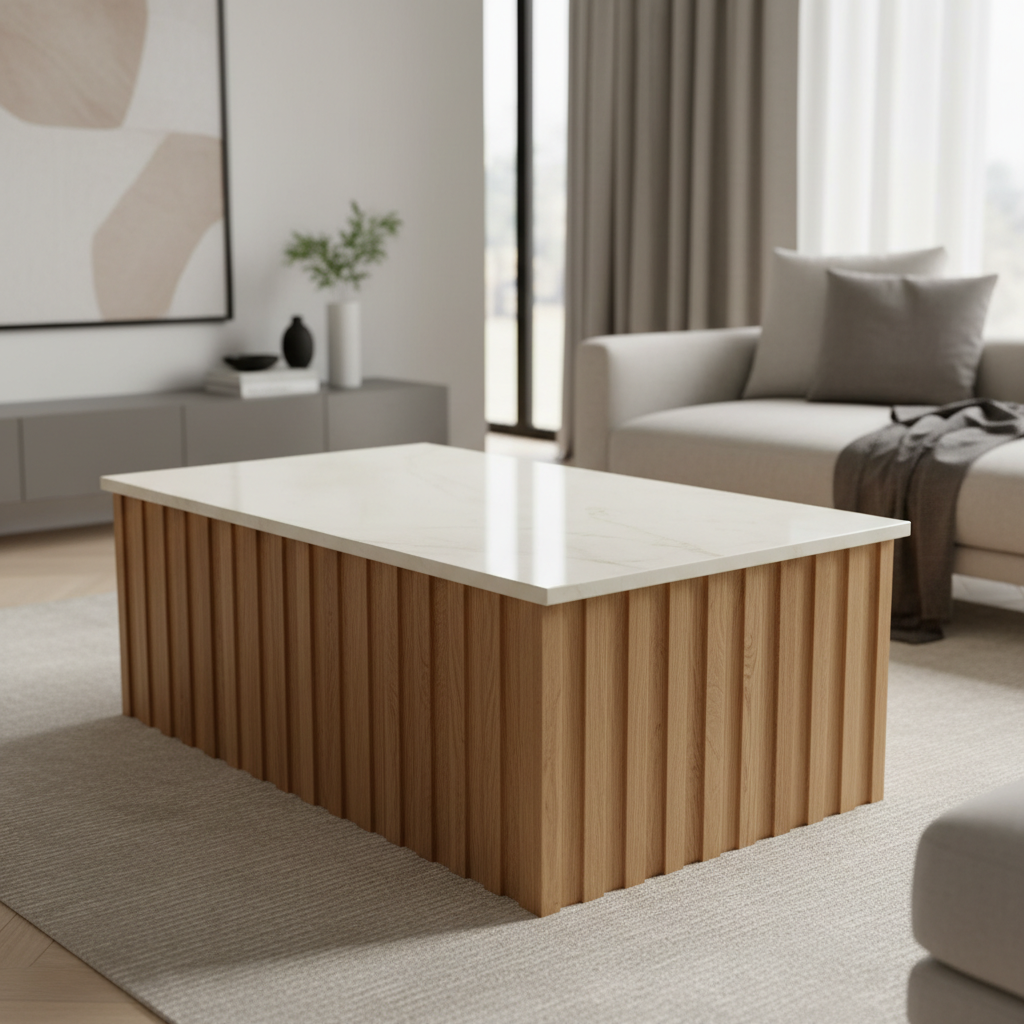 Capture a sophisticated product shot of the Slatted Oak Coffee Table with Porcelain Top in a sleek, modern living room setting. Use HDR studio lighting with softboxes to evenly illuminate the handcrafted American white oak veneer slats and the durable Deck