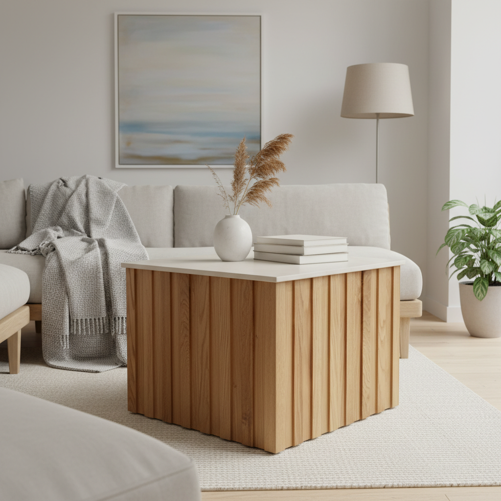 Create a luxurious lifestyle scene featuring the 'Slatted Oak Side Table' with porcelain top in a bright, airy Scandinavian-inspired lounge. Use HDR studio lighting for balanced highlights and shadows, bringing out the natural warmth and intricate grain pa