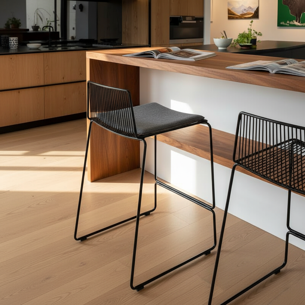 A luxurious lifestyle shot of the Dunedin Bar Stool in a chic modern kitchen setting with warm, natural lighting complemented by HDR studio lights to enhance the texture of the felted wool cushion and metallic wire frame. The camera is positioned at a slig