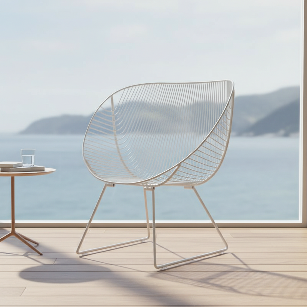 Prompt 1: Capture a sleek, cinematic studio shot of the Coromandel Stainless Steel Chair in pristine white, set against a minimalist, ocean-inspired backdrop with soft, natural daylight diffusing through a large window. The camera angle is a slightly eleva