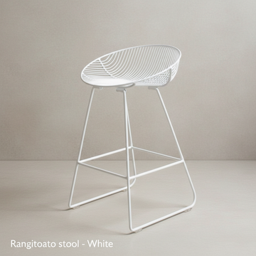 Create a highly detailed, studio-shot image of the Rangitoto stool in white, emphasizing its sleek, minimalist design. Use softbox lighting to highlight the smooth matte finish of the wire frame, with a shallow depth of field to focus on the stool's spacio