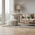 Visualize the Rangitoto stool in a modern, stylish living space setting to evoke a cozy, inviting atmosphere. Use diffused daylight through large windows as the primary light source, complemented by rim lighting to accentuate the wire frame’s elegant curve
