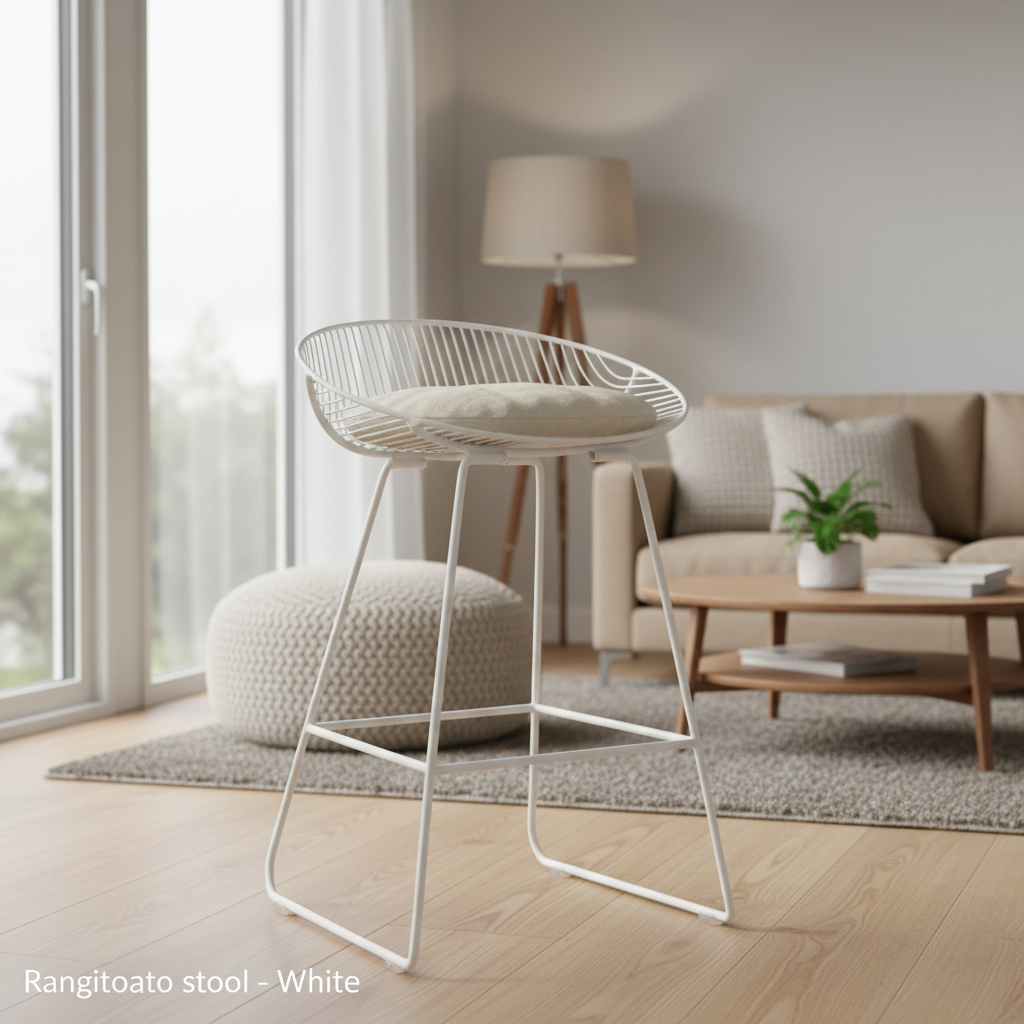 Visualize the Rangitoto stool in a modern, stylish living space setting to evoke a cozy, inviting atmosphere. Use diffused daylight through large windows as the primary light source, complemented by rim lighting to accentuate the wire frame’s elegant curve