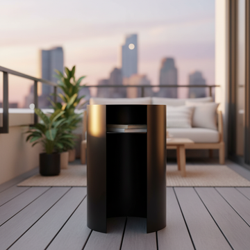 Visualize the Waipuna Table Stainless Steel - Black as the centerpiece of a minimalist balcony scene during golden hour. Utilize rim lighting to create a soft glow along the edges of the stainless steel, emphasizing its sleekness and matte black finish. Th
