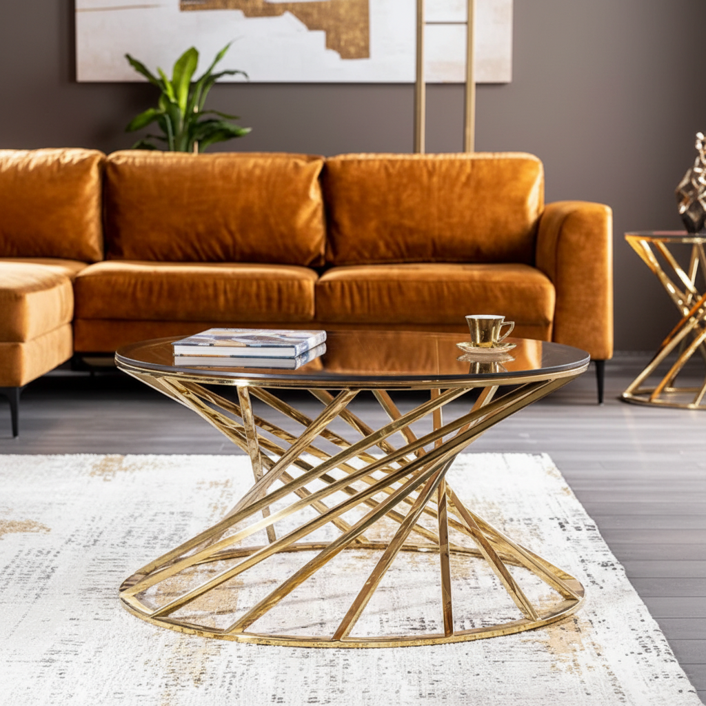 Capture an elegant, high-end studio shot of the Ottavia A Coffee Table Large, styled in a modern living room with a softbox lighting setup highlighting the sleek gold smoked glass top and twisting gold legs. Use a low-angle shot with a 50mm lens to emphasi
