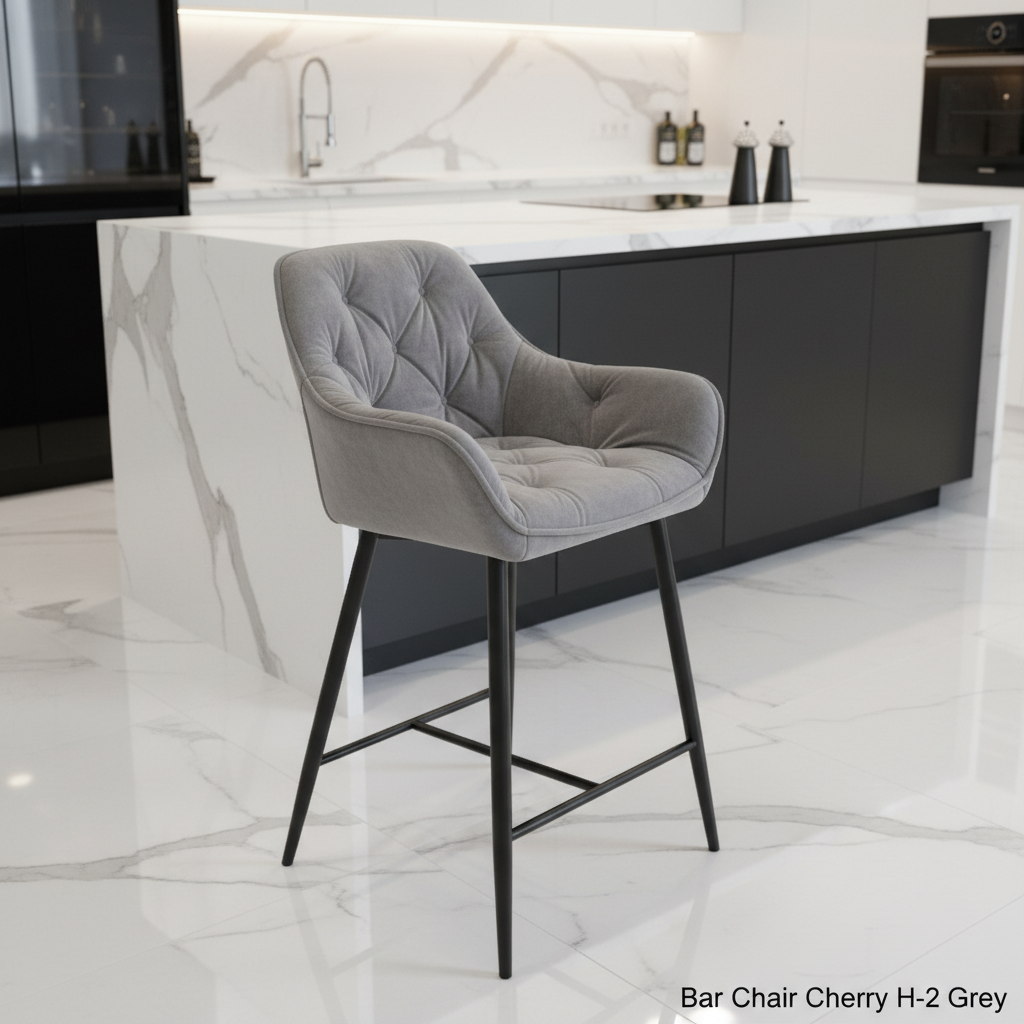 Capture a high-end studio scene showcasing the 'Bar Chair Cherry H-2 Grey' in a sleek, modern kitchen setting. Use a softbox lighting setup with HDR studio lights to highlight the luxurious grey velvet upholstery, emphasizing the plush texture and smooth c