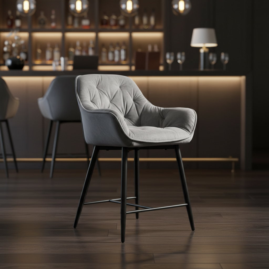 Capture a high-end studio scene showcasing the 'Bar Chair Cherry H-2 Grey' in a sleek, modern kitchen setting. Use a softbox lighting setup with HDR studio lights to highlight the luxurious grey velvet upholstery, emphasizing the plush texture and smooth c