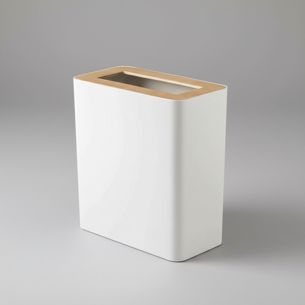  Create a sleek, modern studio shot of the Yamazaki Rubbish Bin Square in white, using diffused daylight studio lighting to highlight its clean lines and minimalist design. The camera is positioned at a slightly elevated front angle with a 50mm focal lengt