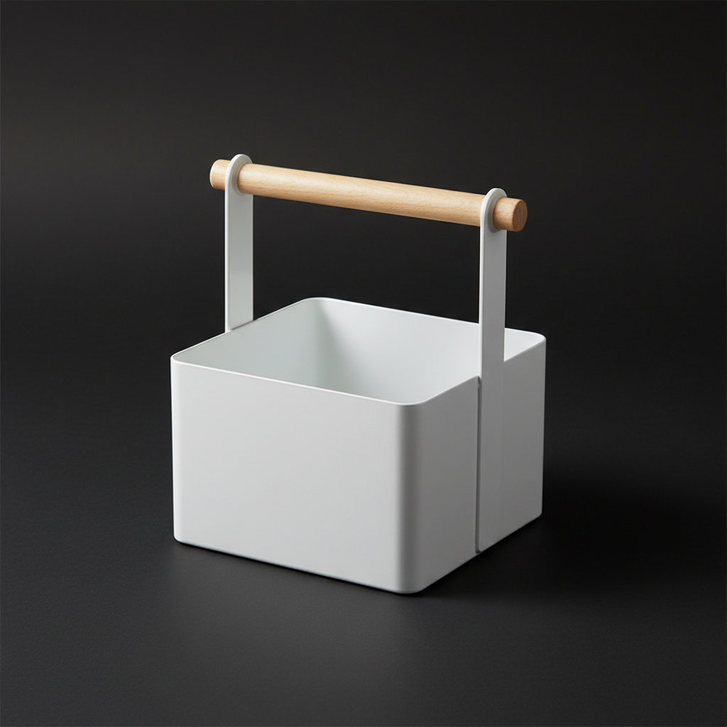 A lifestyle-inspired scene showcasing the Yamazaki Tosca Small Tool Box placed on a clean, wooden countertop in a bright, airy kitchen setting. Natural sunlight streams in through a nearby window, complemented by HDR studio lighting that softens shadows an