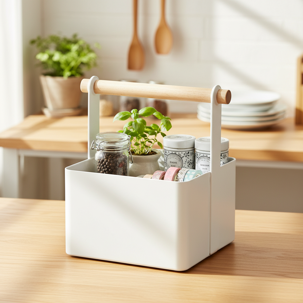 A lifestyle-inspired scene showcasing the Yamazaki Tosca Small Tool Box placed on a clean, wooden countertop in a bright, airy kitchen setting. Natural sunlight streams in through a nearby window, complemented by HDR studio lighting that softens shadows an