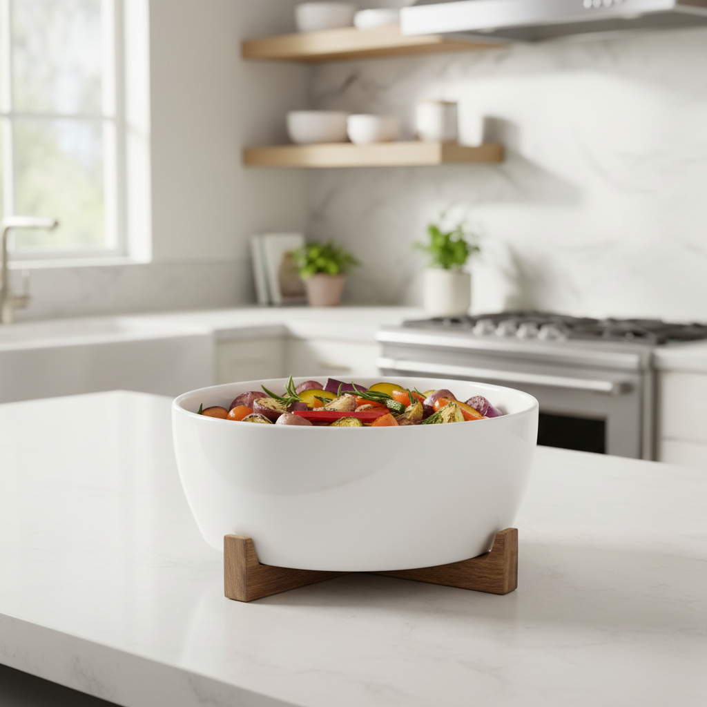 A lifestyle composition featuring the Alto Oven to Table Round dish in a cozy, stylish kitchen setting. Shot with a wide-angle lens at 35mm, capturing the full context of the wooden stand elevating the dish on a well-lit countertop. Natural diffused daylig
