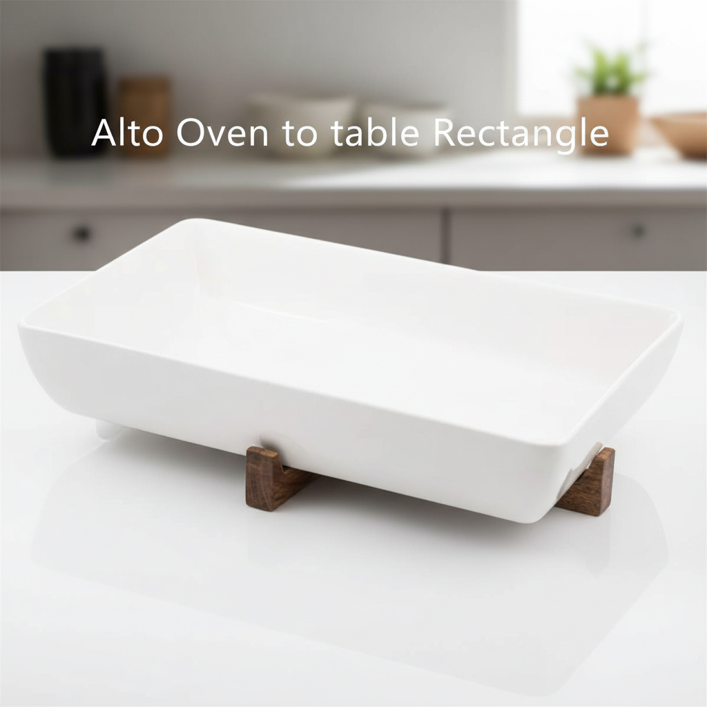 Construct a cinematic, lifestyle-oriented scene featuring the Alto Oven to Table Rectangle dish styled on a sleek, modern kitchen counter with natural diffused daylight from a nearby window. Capture the shot at eye level with a 35mm lens to give a balanced