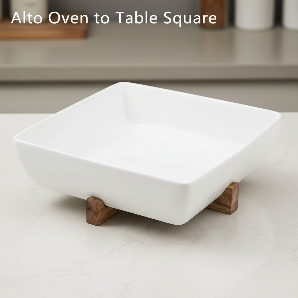 A high-resolution, studio-shot of the Alto Oven to Table Square dish, captured with a DSLR camera set at a 50mm focal length, emphasizing its sleek, matte ceramic surface with subtle reflections. The scene is lit with softbox lighting to achieve even, diff