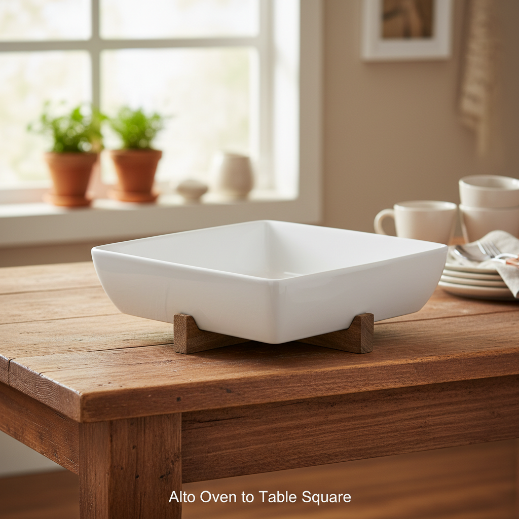 A cinematic lifestyle setting showcasing the Alto Oven to Table Square dish in a warm, inviting kitchen environment. The dish, made of glazed ceramic with a glossy finish, sits prominently on the rustic wooden stand, which has visible grain and a slightly 