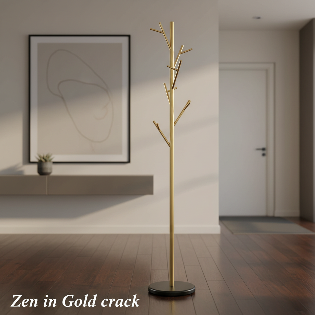 Generate a lifestyle shot featuring the 'Zen in Gold coat rack' in an modern hallway with natural daylight filtering in. Employ HDR studio lighting to ensure clarity and vibrant color tones, showcasing the metal's luminous gold finish and the stable black 