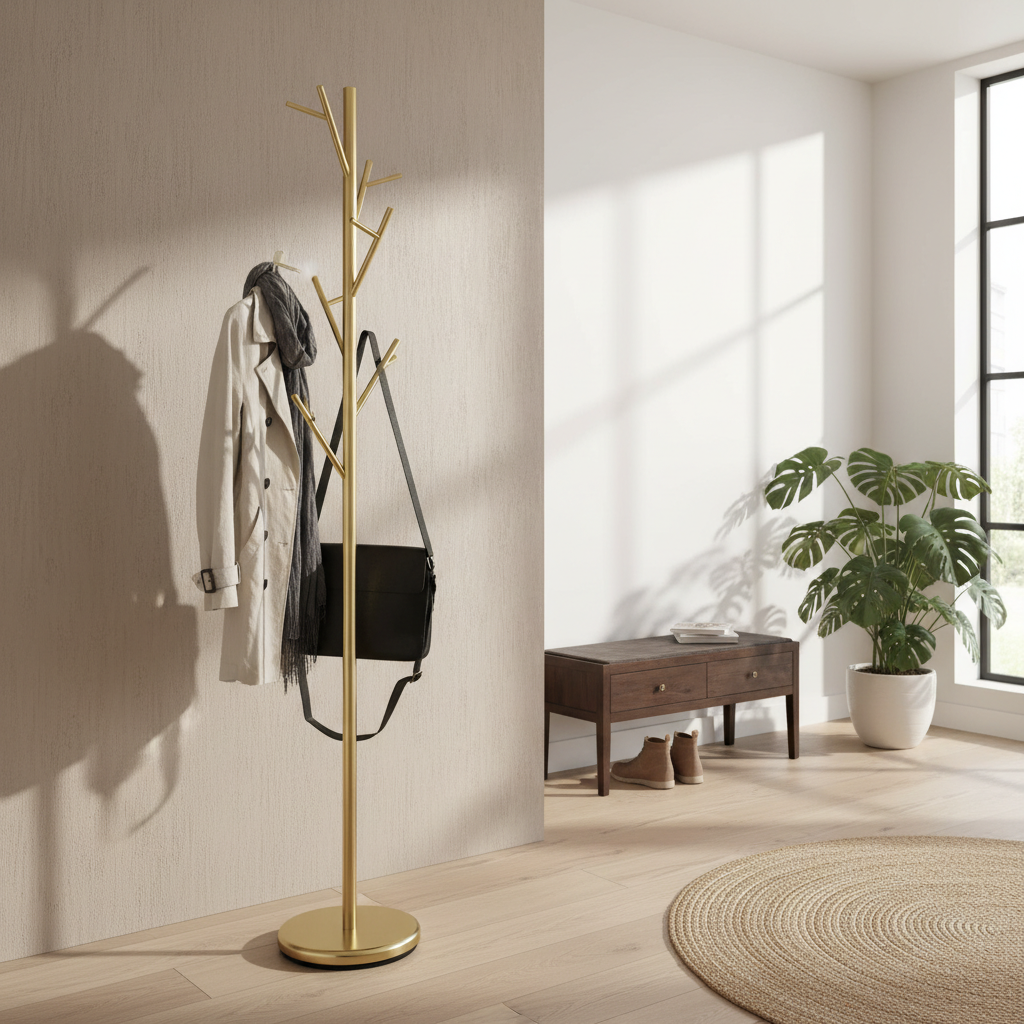 Generate a lifestyle shot featuring the 'Zen in Gold coat rack' in an modern hallway with natural daylight filtering in. Employ HDR studio lighting to ensure clarity and vibrant color tones, showcasing the metal's luminous gold finish and the stable black 