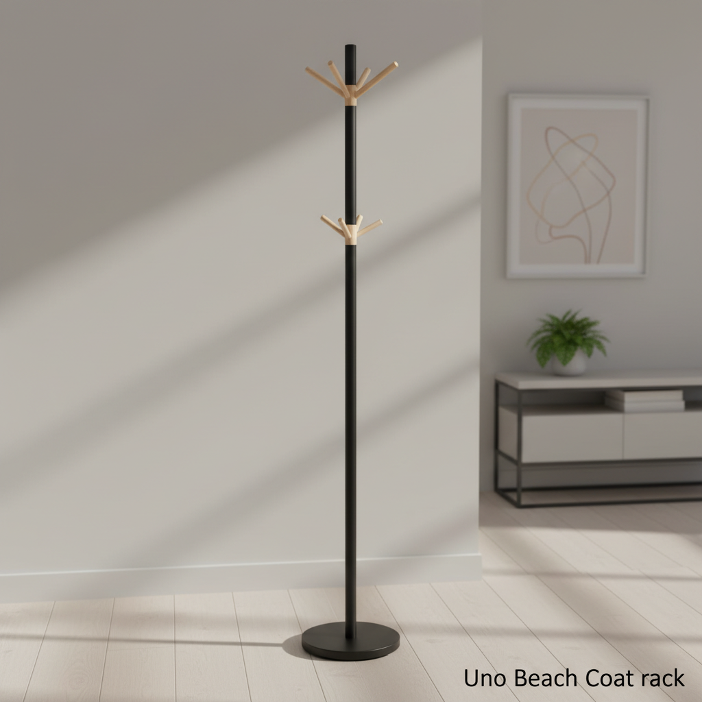 Design an elegant lifestyle scene featuring the Uno Beach Coat rack in a bright, airy entryway with large glass doors revealing a sunny outdoor patio. Use an 85mm portrait lens with a shallow depth of field to focus on the coat rack, which is filled with j
