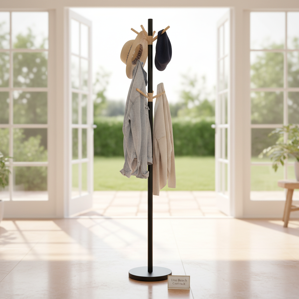 Design an elegant lifestyle scene featuring the Uno Beach Coat rack in a bright, airy entryway with large glass doors revealing a sunny outdoor patio. Use an 85mm portrait lens with a shallow depth of field to focus on the coat rack, which is filled with j