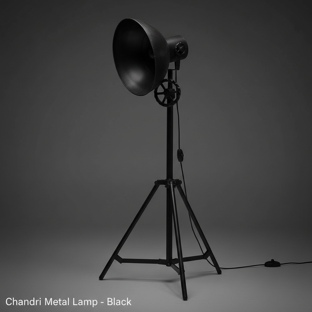 Create a hyper-realistic studio product shot of the 'Chandri Metal Lamp - Black' positioned prominently in a high-end photography studio setting. Use softbox lighting to evenly illuminate the sleek matte black finish and textured metal surface, highlightin