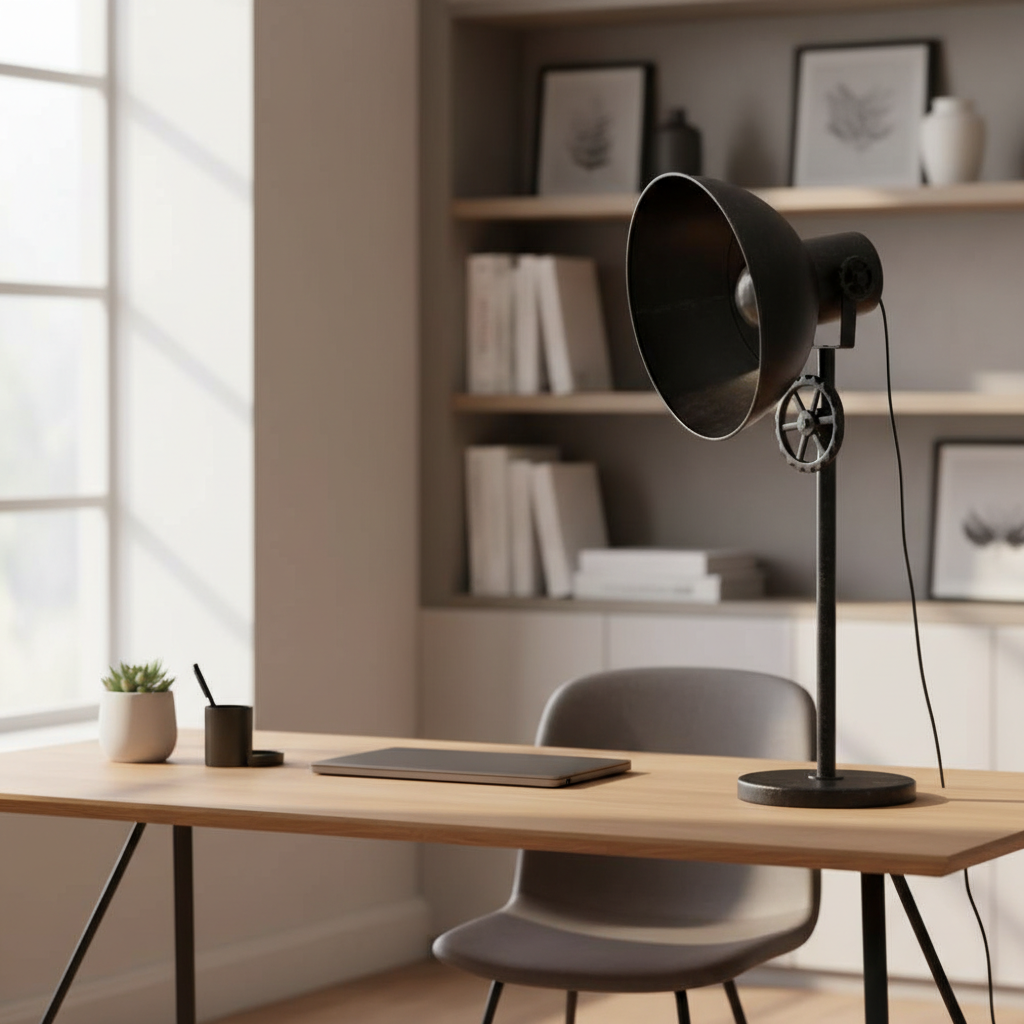 Create an inviting lifestyle scene featuring the 'Chandri Metal Lamp - Black' in a modern home office. Utilize diffused daylight to cast a soft glow that enhances the lamp’s industrial black finish and metallic details. Position the lamp beside a sleek des
