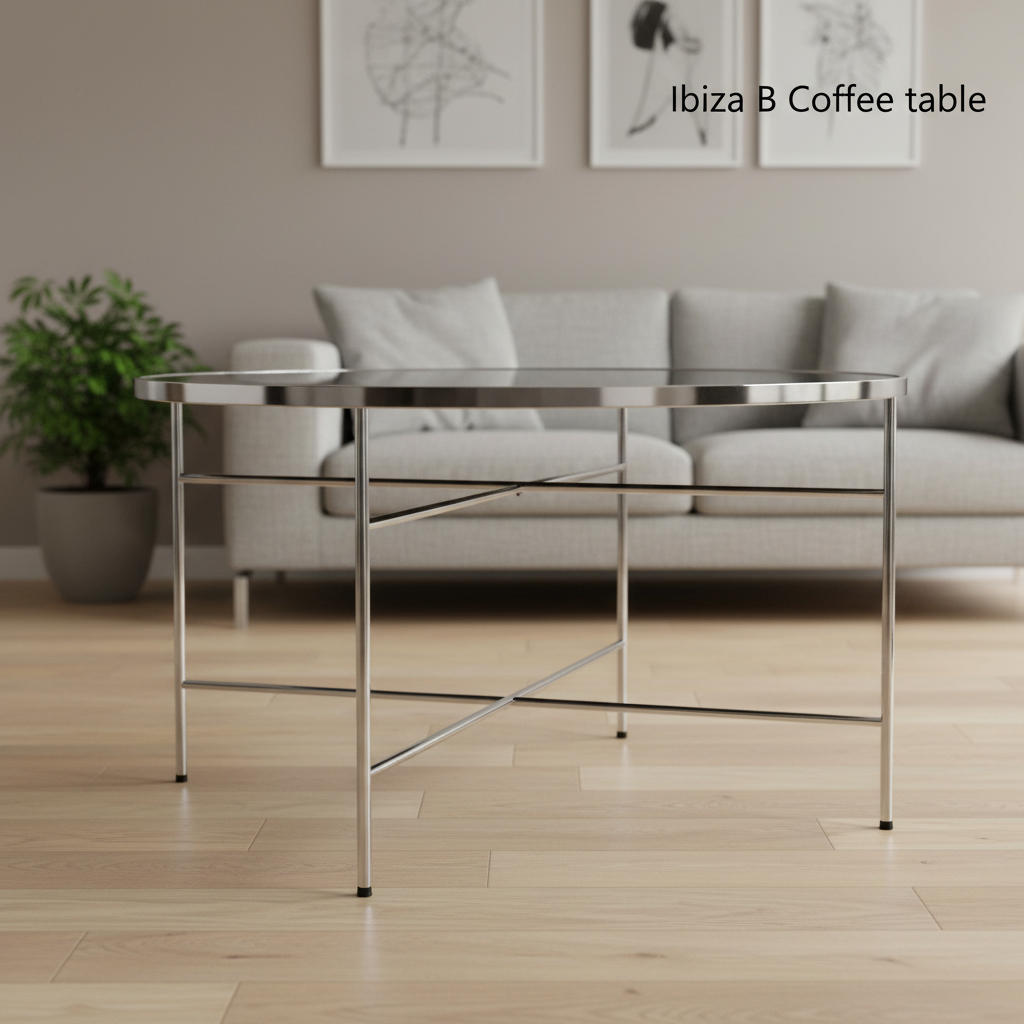 Capture a sophisticated, high-resolution image of the Ibiza B Coffee Table in a modern, stylish living room setting. Use a softbox lighting setup to create soft, even illumination that highlights the sleek chrome frame and the tempered glass top’s reflecti