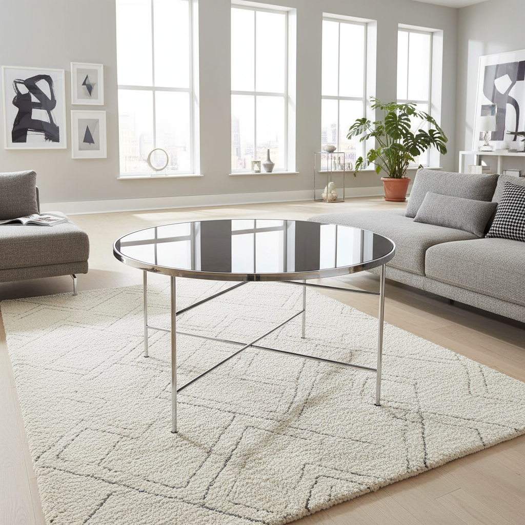 Create a bright, lifestyle-focused image of the Ibiza B Coffee Table in a luminous open-concept living space. Employ HDR studio lighting to enhance the chrome’s shine and the tempered glass surface’s clarity. The photograph is taken from a slightly elevate
