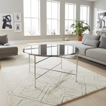Create a bright, lifestyle-focused image of the Ibiza B Coffee Table in a luminous open-concept living space. Employ HDR studio lighting to enhance the chrome’s shine and the tempered glass surface’s clarity. The photograph is taken from a slightly elevate