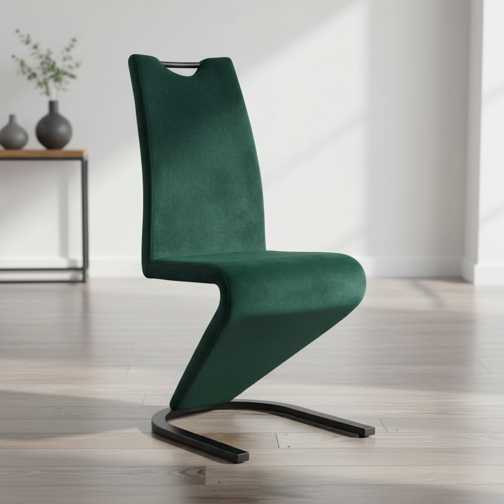 Create a high-end product shot of the Zed dining chairs in a sophisticated interior setting. Use softbox lighting to highlight the luxurious velvet texture of the deep emerald green fabric, capturing the subtle sheen and plush quality. The camera should be