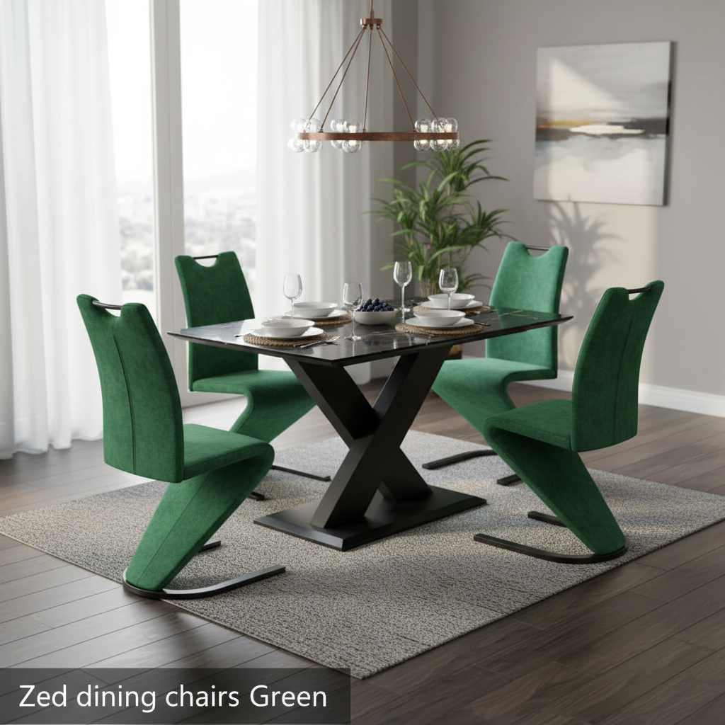 Create a lifestyle scene featuring the Zed dining chairs positioned around a sleek, modern dining table in a contemporary, well-lit dining room. Utilize diffused daylight from large windows to accentuate the vibrant green velvet upholstery, with a rim ligh