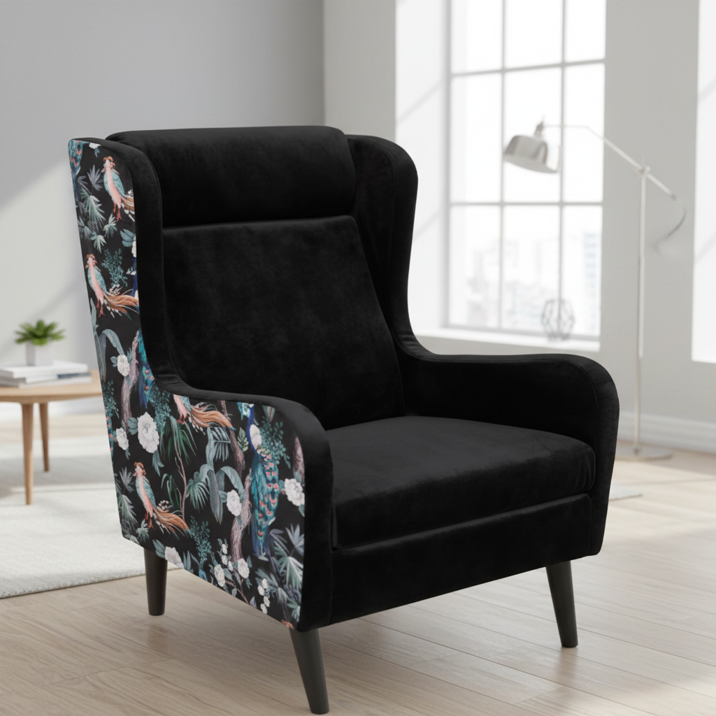 Create a lifestyle setting featuring the 'Geta Print Chair - Birds' in a bright and airy room with natural daylight pouring in through large windows. Employ HDR studio lighting to evenly illuminate the plush black velvet and vibrant bird print, emphasizing