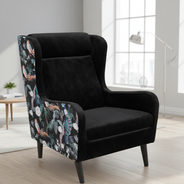 Create a lifestyle setting featuring the 'Geta Print Chair - Birds' in a bright and airy room with natural daylight pouring in through large windows. Employ HDR studio lighting to evenly illuminate the plush black velvet and vibrant bird print, emphasizing
