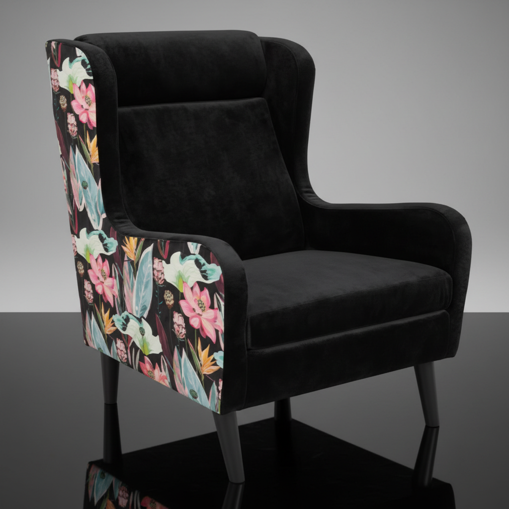 Design a lifestyle scene featuring the Geta Print Chair - Lotus in a contemporary living room. Employ natural diffused daylight to showcase the velvety fabric and colorful lotus print. Position the chair at a slight angle to the camera, shot with a 35mm le