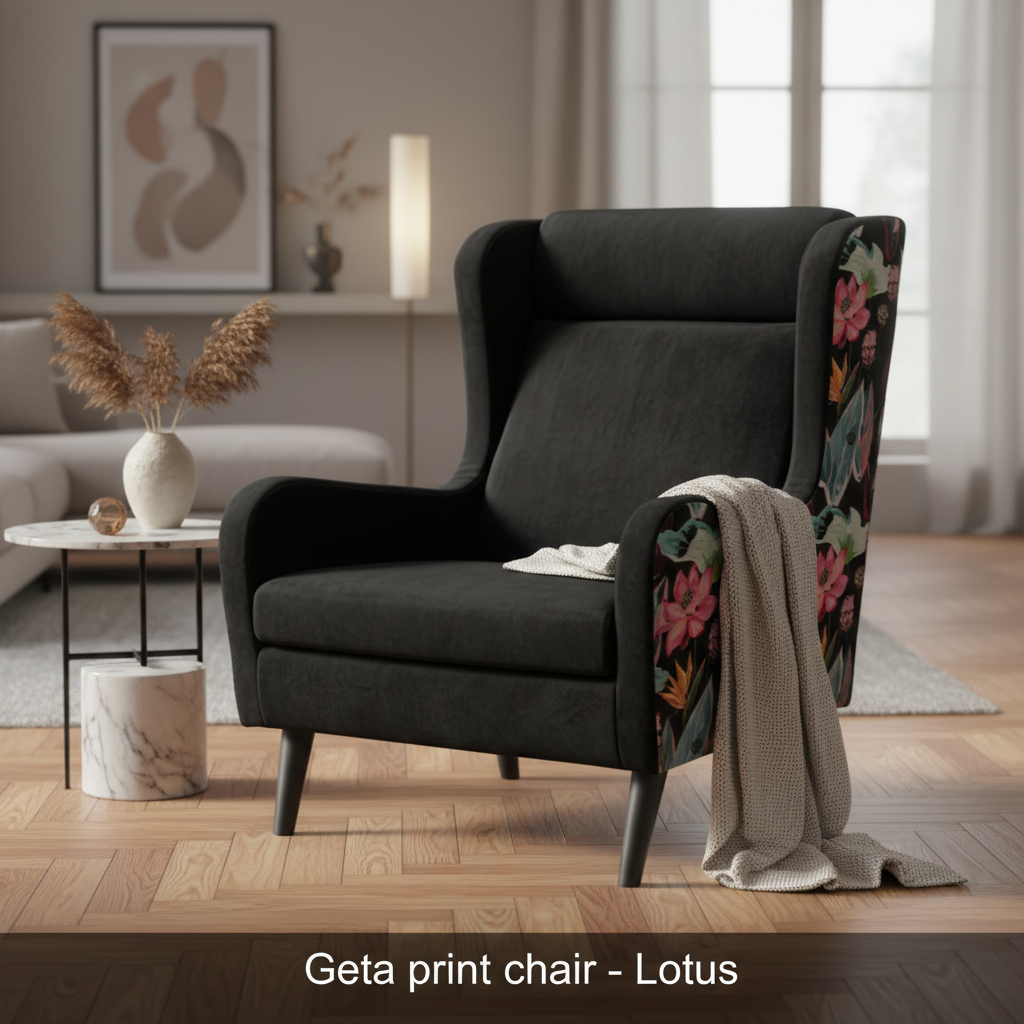 Design a lifestyle scene featuring the Geta Print Chair - Lotus in a contemporary living room. Employ natural diffused daylight to showcase the velvety fabric and colorful lotus print. Position the chair at a slight angle to the camera, shot with a 35mm le