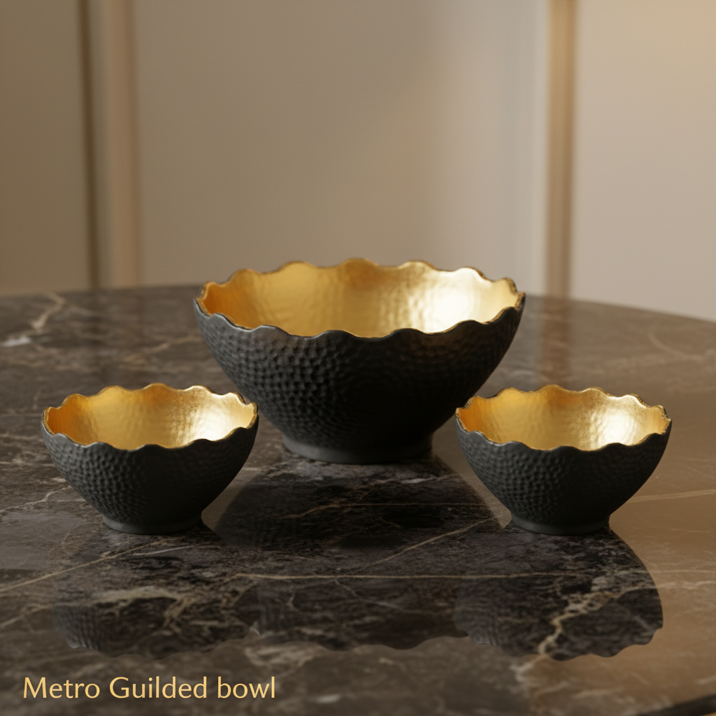 Design a high-end lifestyle scene showcasing the Metro Guilded bowl as the centerpiece on an opulent dining table decorated for an elegant dinner party. Employ rim lighting to accentuate the gold ripple pattern, with natural-diffused daylight spilling soft