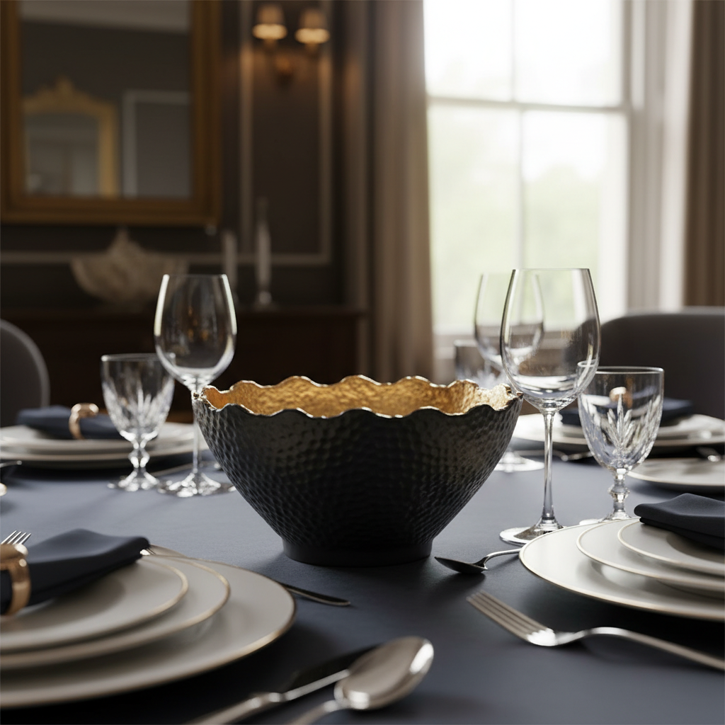 Design a high-end lifestyle scene showcasing the Metro Guilded bowl as the centerpiece on an opulent dining table decorated for an elegant dinner party. Employ rim lighting to accentuate the gold ripple pattern, with natural-diffused daylight spilling soft