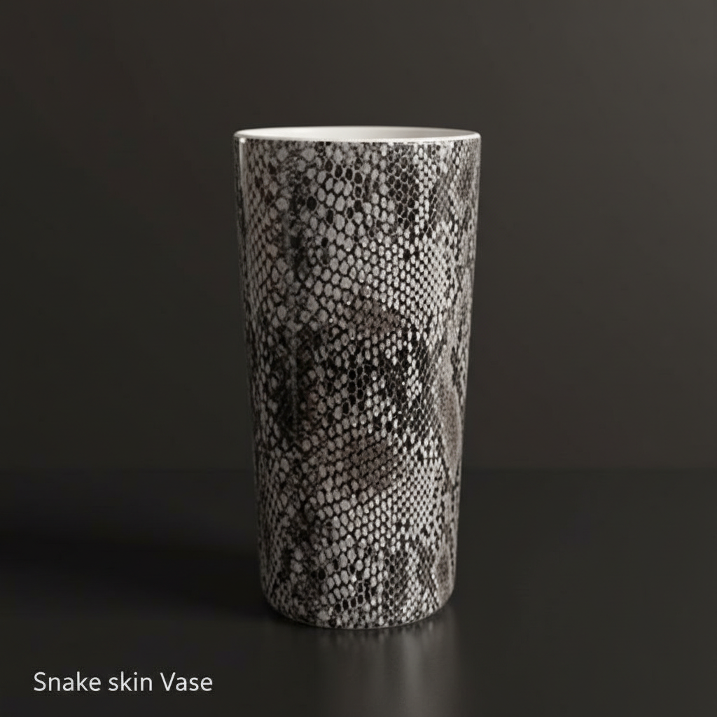 Capture a highly detailed, high-resolution studio shot of the 'Snake Skin Vase' from a slightly elevated front perspective, using a 100mm macro lens with a shallow depth of field to emphasize the textured snake skin pattern. Employ softbox lighting to even
