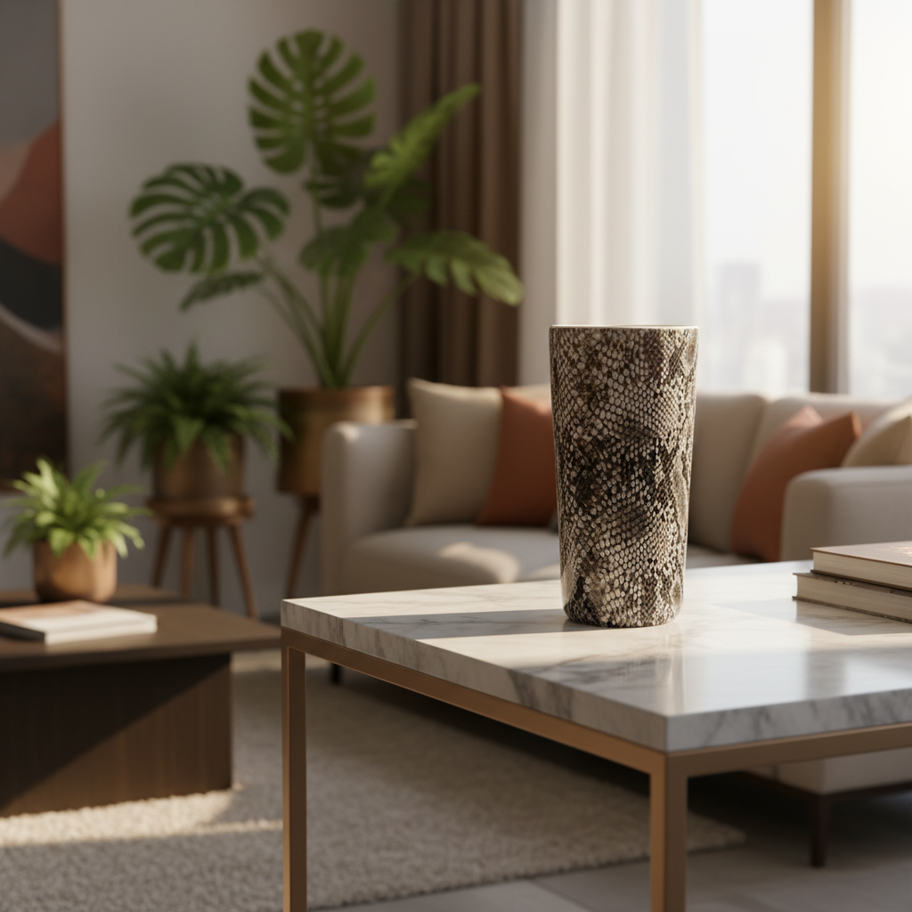Create a cinematic lifestyle scene featuring the 'Snake Skin Vase' placed on a modern, marble-top console illuminated by diffused daylight streaming through a nearby window. Use HDR studio lighting to accentuate the rich textures and subtle color variation
