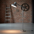 Create a high-resolution, product-focused studio image of the 'Bank Metal Floor Lamp - Grey' positioned in a sleek, modern industrial loft setting. Use softbox lighting with diffused daylight to highlight the heavy-duty steel cogs and solid metal base, emp