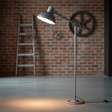 Create a high-resolution, product-focused studio image of the 'Bank Metal Floor Lamp - Grey' positioned in a sleek, modern industrial loft setting. Use softbox lighting with diffused daylight to highlight the heavy-duty steel cogs and solid metal base, emp